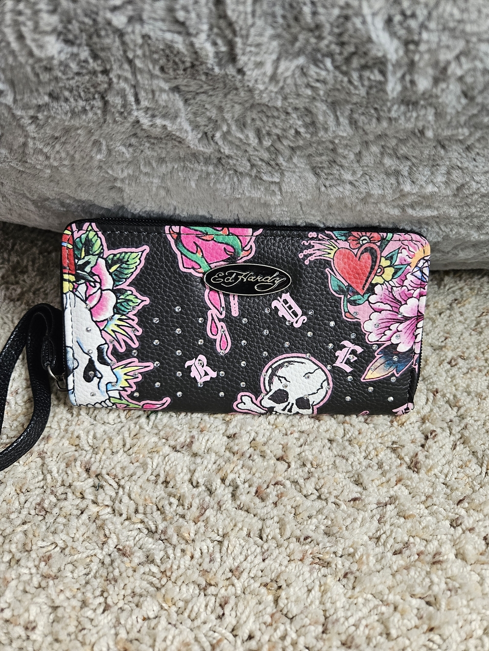 Ed Hardy Black Wallet with Pink Floral & Skull Tattoo Print